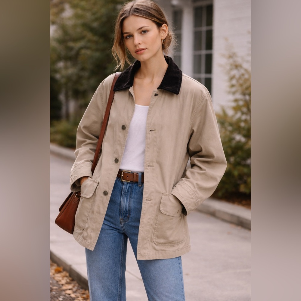Cherokee Beige Utility Jacket Barn Coat Black Collar Minimalist Size M